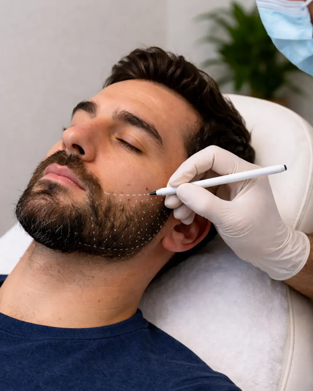 Beard Transplant in Turkey | Dental & Aesthetic Clinics Beard transplant procedure in Turkey with doctor designing beard line using FUE technique